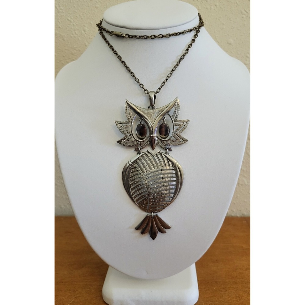 Vintage Signed Alan Silver Tone Articulating Dangling Owl Necklace Authentic